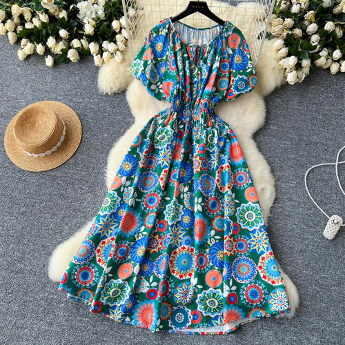 Load image into Gallery viewer, French Retro Women Print Vacation Long Dress 2024 Summer High Waist Round Neck Short Sleeved Lace-up Pleated Dress Bohemian Chic
