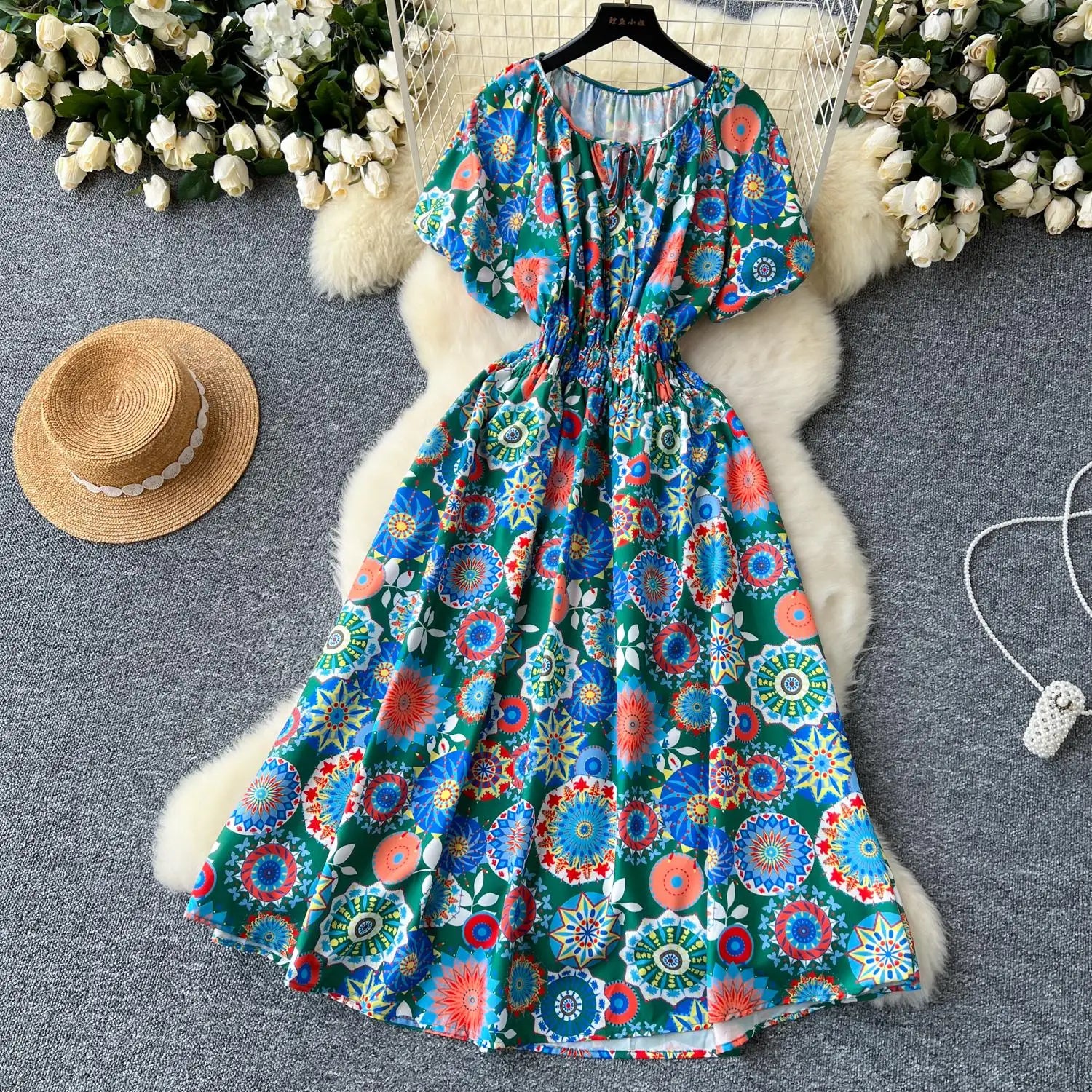 French Retro Women Print Vacation Long Dress 2024 Summer High Waist Round Neck Short Sleeved Lace-up Pleated Dress Bohemian Chic