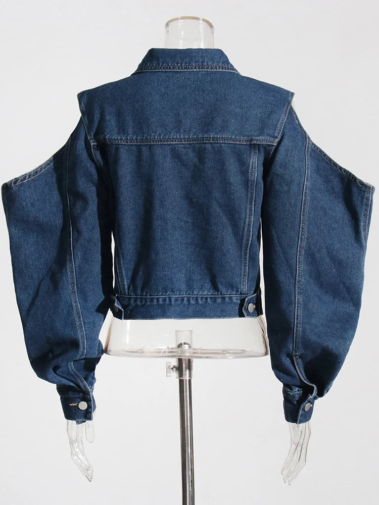 Hollow Out Off Shoulder Fashion Denim Jackets For Women Lapel Long Sleeve Spliced Single Breasted Short Coats Female Style