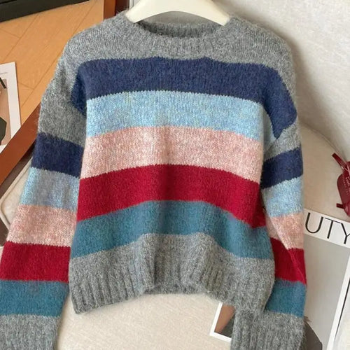 Load image into Gallery viewer, Korean Vintage Women's Rainbow Striped Round Neck Short Sweater Autumn Winter 2024 New Elegant Long Sleeved Knitted Pullover Top
