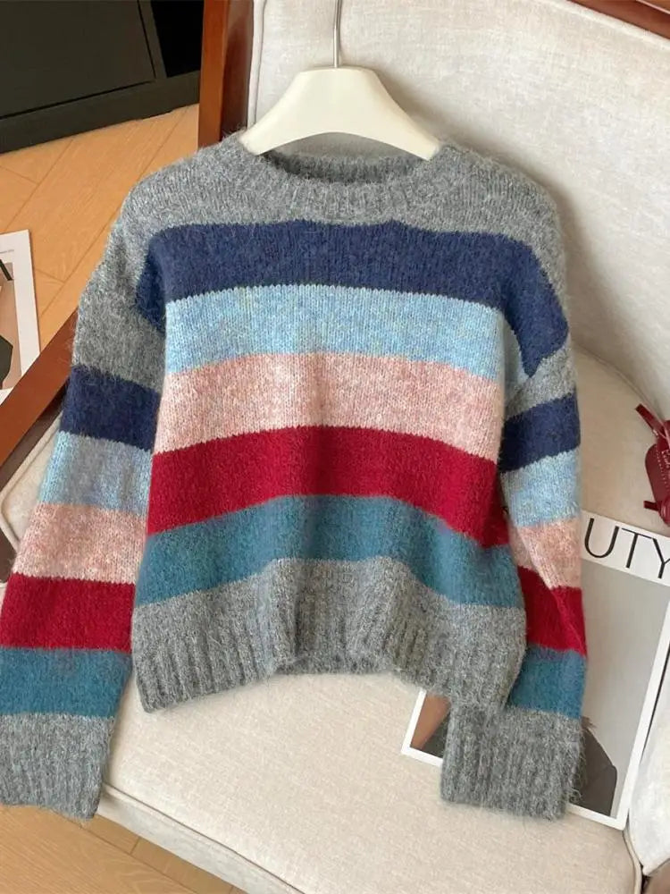 Korean Vintage Women's Rainbow Striped Round Neck Short Sweater Autumn Winter 2024 New Elegant Long Sleeved Knitted Pullover Top