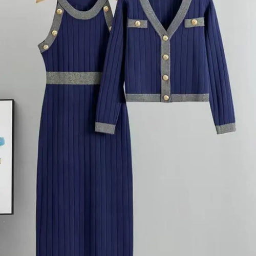 Load image into Gallery viewer, Korean Women's Two Pieces Suit 2024 Autumn Winter Patchwork Single Breasted Knit Tops And High Waist Sleeveless Vest Dresses Set
