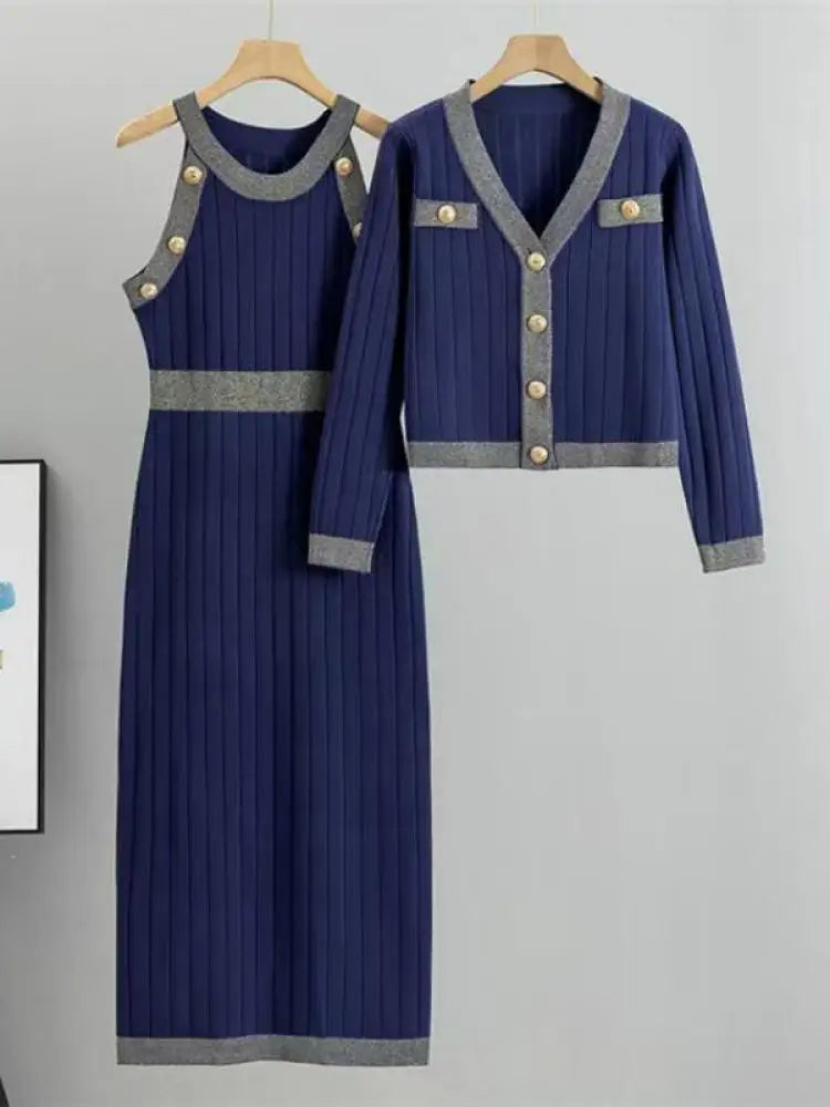 Korean Women's Two Pieces Suit 2024 Autumn Winter Patchwork Single Breasted Knit Tops And High Waist Sleeveless Vest Dresses Set