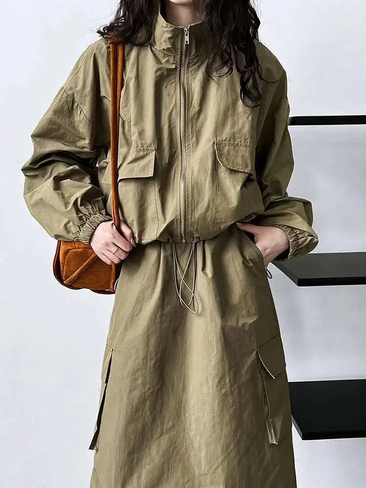 Jacket Drawstring Big Size Half-body Skirt Two Pieces Suit New Stand Collar Women Fashion Spring Autumn 2025 1DH0976