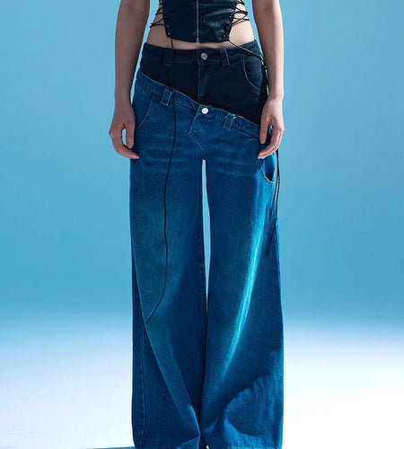 Colorblock Chic Denim Trouser For Women Plunging Patchwork Button Streetwear Wide Leg Pant Female Fashion Clothes