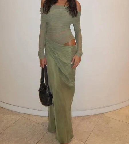 Solid Slimming Spliced Mesh Dresses For Women Slash Neck Sleeveless High Waist Temperament Dress Female Clothes New