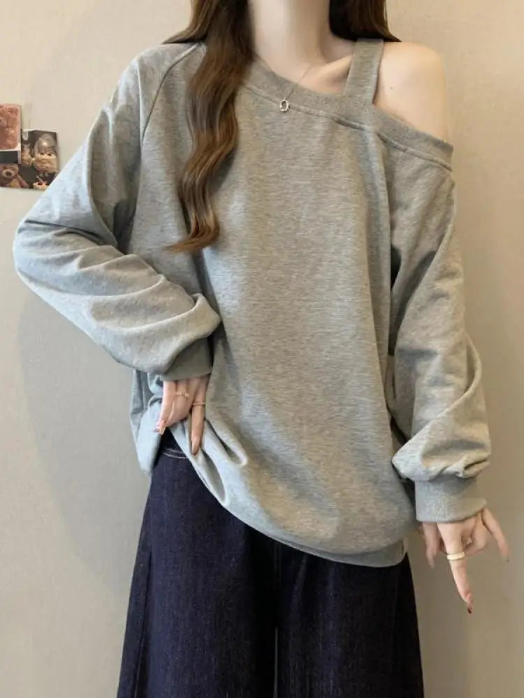 Korean Version Casual Women's Autumn Winter New Grey Versatile Long Sleeved Cotton Tops Black Off Shoulder Velvet Sweatershirt