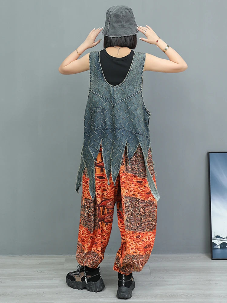 High Waist Blue Denim Irregular Printed Casual Overalls Jeans New Women Trousers Fashion Tide Spring Autumn 2025 1DJ1350