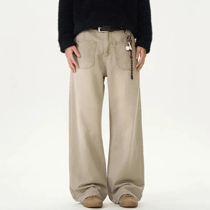 Men's Cargo Pants American Handsome Niche Solid Color Style Straight Leg Multi Pockets Trendy Male Trousers 9W1463