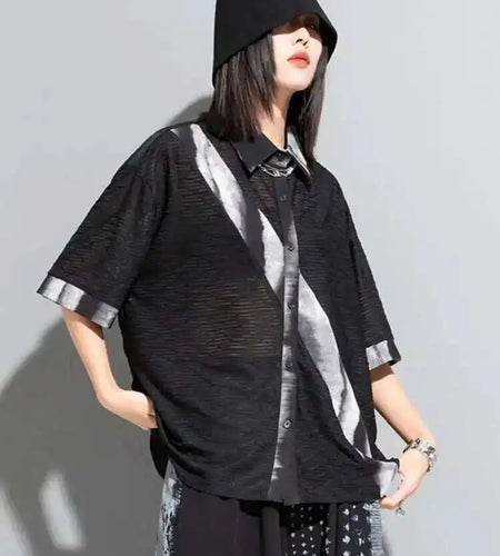 Women Black Tie Dye Printed Big Size Thin Blouse New Lapel Half Sleeve Loose Fit Shirt Fashion Spring Summer 2025 1DF8662