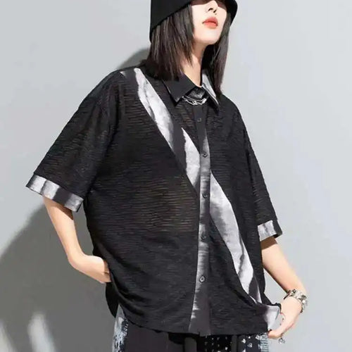 Load image into Gallery viewer, Women Black Tie Dye Printed Big Size Thin Blouse New Lapel Half Sleeve Loose Fit Shirt Fashion Spring Summer 2025 1DF8662
