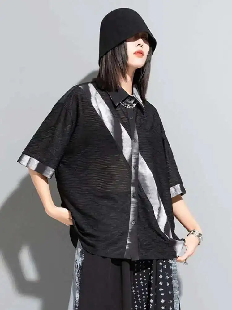 Women Black Tie Dye Printed Big Size Thin Blouse New Lapel Half Sleeve Loose Fit Shirt Fashion Spring Summer 2025 1DF8662