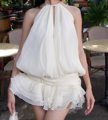 Solid Spliced Pearl Hollow Out Dresses For Women O Neck Sleeveless High Waist Temperament Mini Dress Female Fashion