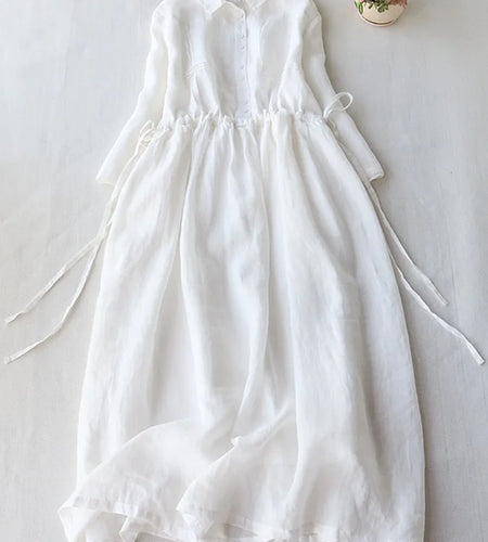 Summer Elegant Dress Women Casual Medium Long Simple Style Vintage Dresses Female Draw String Sash Loose Shirt Dress Elegant