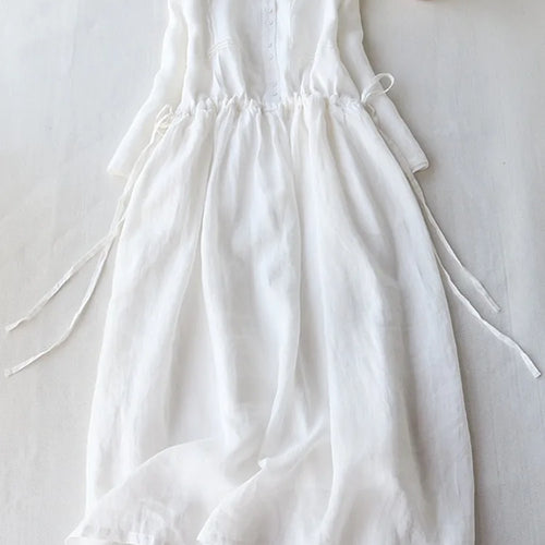 Load image into Gallery viewer, Summer Elegant Dress Women Casual Medium Long Simple Style Vintage Dresses Female Draw String Sash Loose Shirt Dress Elegant
