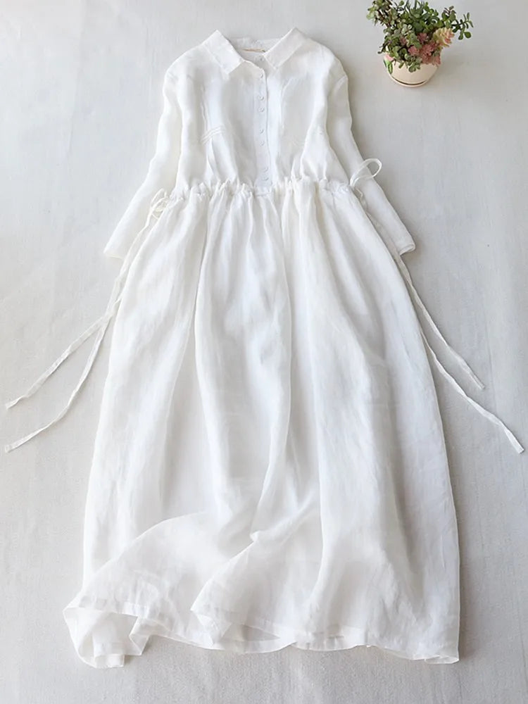 Summer Elegant Dress Women Casual Medium Long Simple Style Vintage Dresses Female Draw String Sash Loose Shirt Dress Elegant