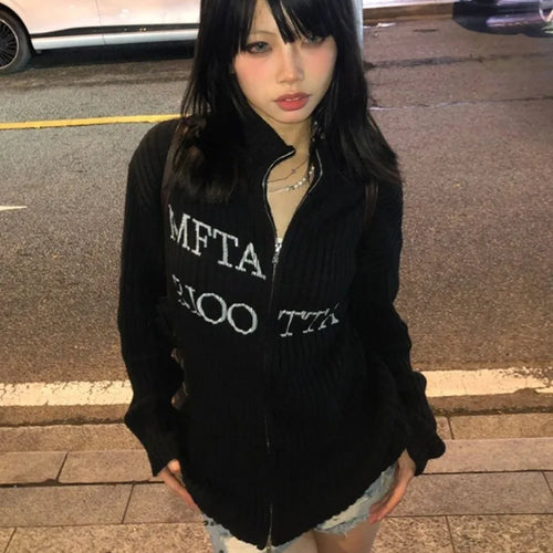 Load image into Gallery viewer, Y2k Aesthetic Letter Jacquard Knitted Cardigan Women Vintage Double Zippers Jacket Harajuku Loose Sweater Coat Grunge Streetwear
