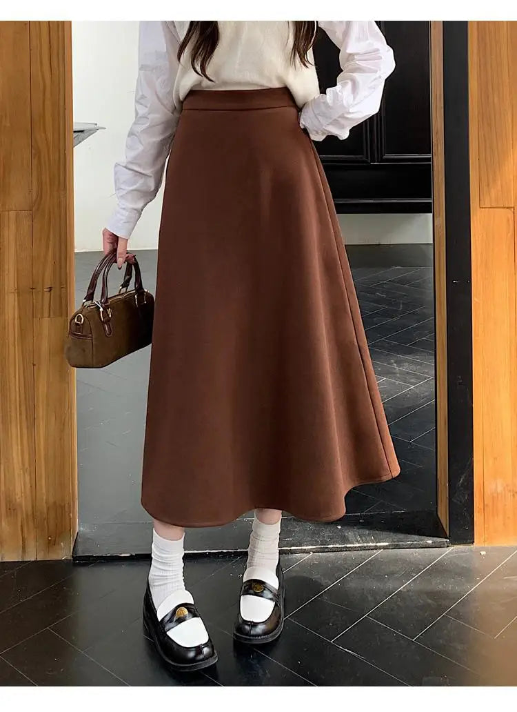 Autumn Winter Solid Large Size Woolen Long Skirt Women Fashion Korean Ladies High Waist Festival Pleated A-line Skirt Simplicity