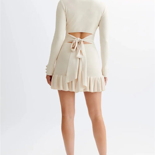 Load image into Gallery viewer, Long Sleeve Ruffled Knit Mini Dress For Women Autumn New V Neck Pearl Single-breasted Bow Bandage Knitted Dress Elegant
