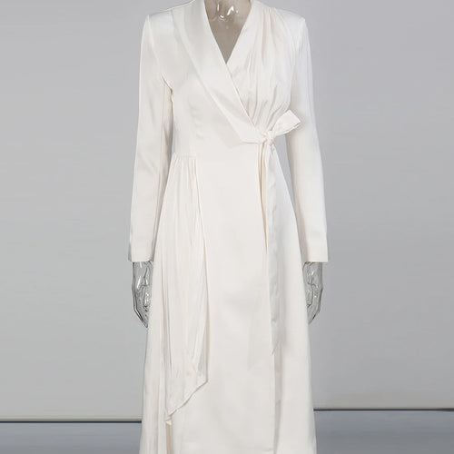 Load image into Gallery viewer, Elegant Pleated Lace Up Trench for Women V Neck Long Sleeve Tunic Minimalist White Coats Female Fashion Clothes
