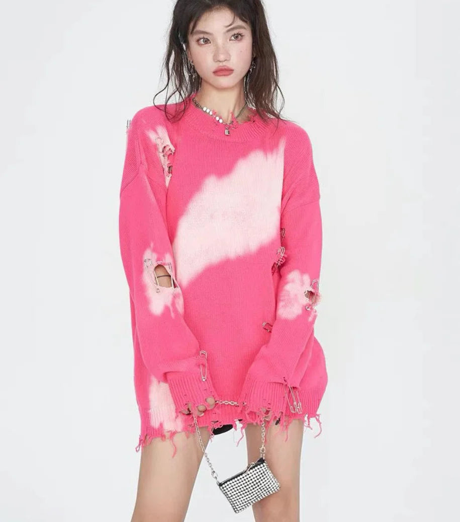 Tie Dye Pins Ripped Holes Knitting Sweaters Hip Hop Streetwear Pullover 2025 Harajuku Loose Black Tops Vintage Jumpers
