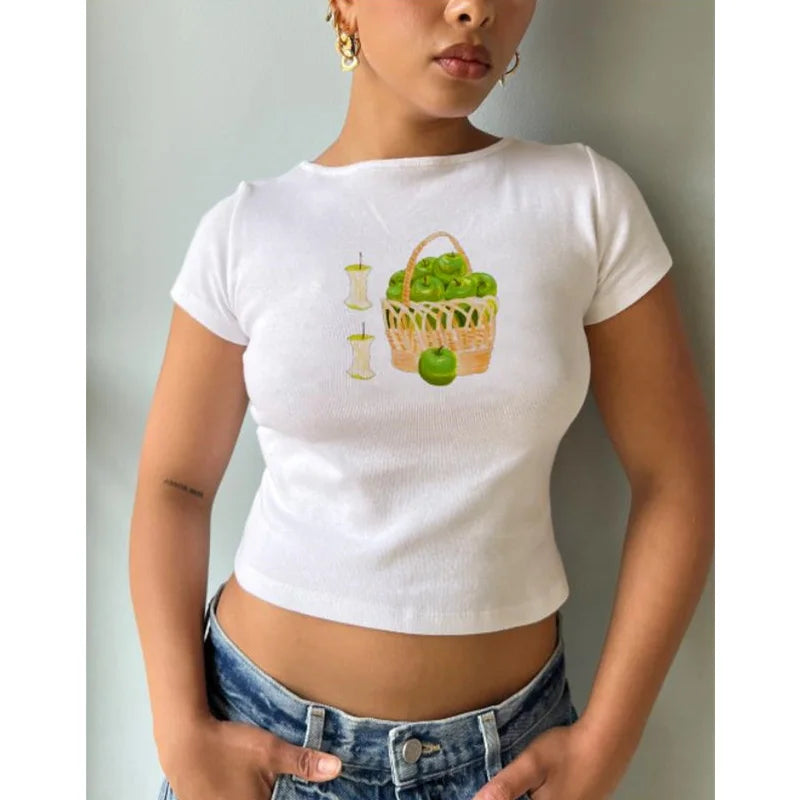 y2k Baby Tee Women Craphic Crop Top Round Neck Short Sleeve T Shirt Casual Vest 2000s Aesthetic Clothes Streetwear