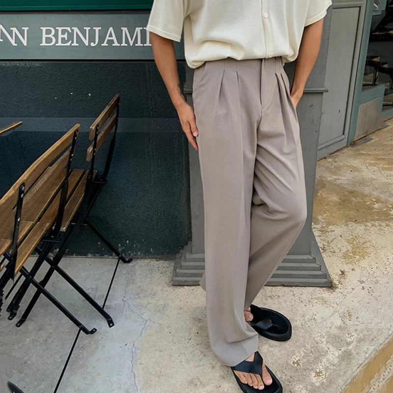 Dropped Loose Straight Men's Suit Pants Pleated Autumn Korean Fashion Wide Leg Solid Color Male Trousers Simple 9C8987