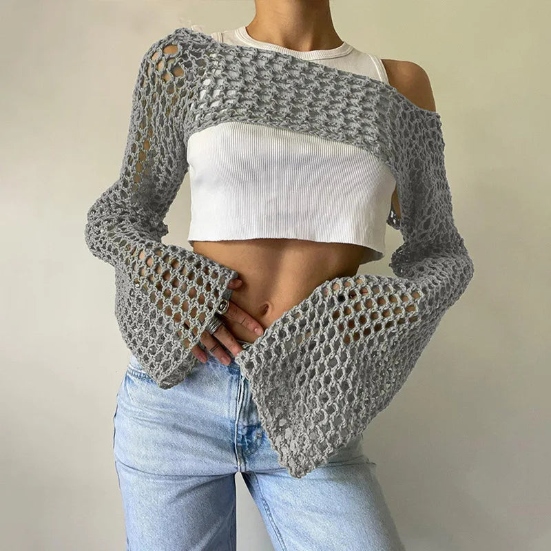 New Harajuku Grunge Solid Slash Neck Women Crop Pullovers Y2k Aesthetic Knitted Sexy Sweaters Streetwear Hollow Out Autumn Tops
