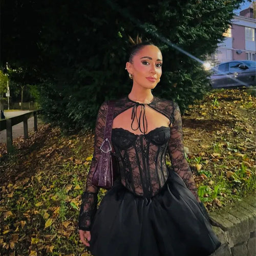 Load image into Gallery viewer, Black Lace Puffball Sexy Mini Dress For Women Fashion Lace-up Sheer Long Flare Sleeve High Waist Club Party Dress
