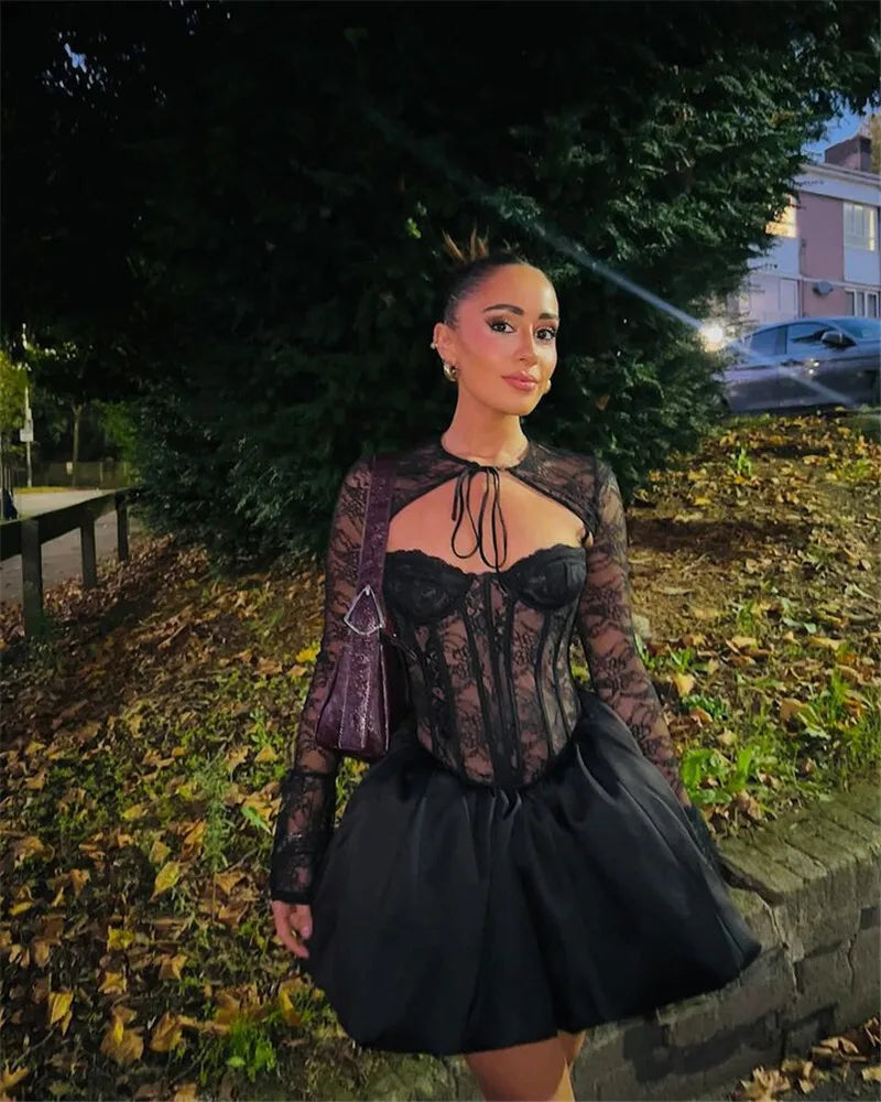 Black Lace Puffball Sexy Mini Dress For Women Fashion Lace-up Sheer Long Flare Sleeve High Waist Club Party Dress