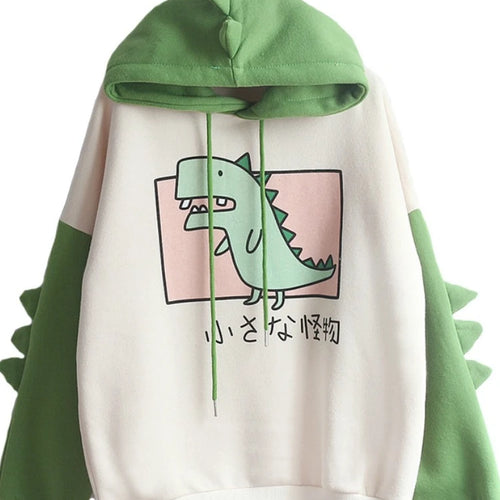 Load image into Gallery viewer, Women Dinosaur Sweatshirts Hooded Warm Fleece Hoodies Pullovers With Horns Harajuku  Girls Teens Green Hoodie
