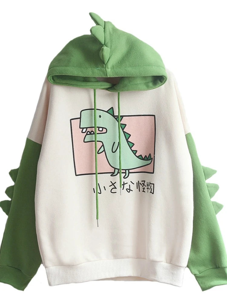 Women Dinosaur Sweatshirts Hooded Warm Fleece Hoodies Pullovers With Horns Harajuku  Girls Teens Green Hoodie