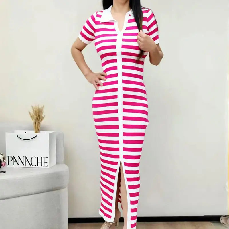 Korean Fashion Black Green Rose Red Stripe Patchwork Knitted Long Dress Women Summer Elegant Slim Short Sleeve Split Dress Trend