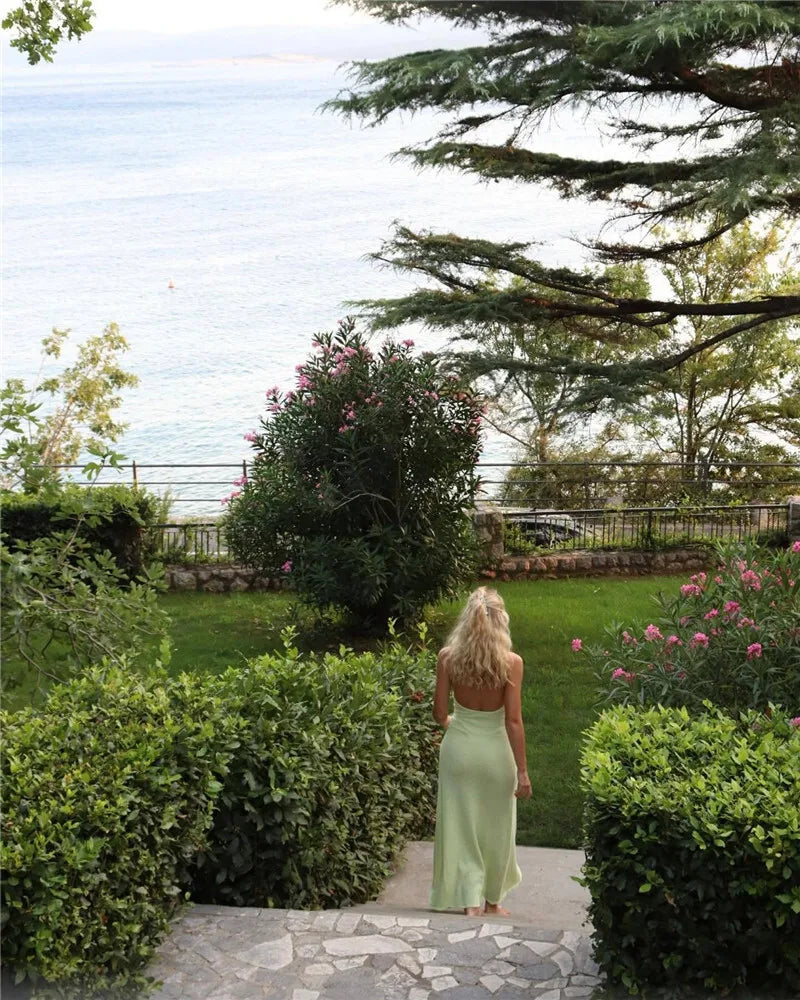 Deep V Neck High Split Maxi Dress For Women Gown Halter Flower Backless Sleeveless Bodycon Knit Long Dress Elegant