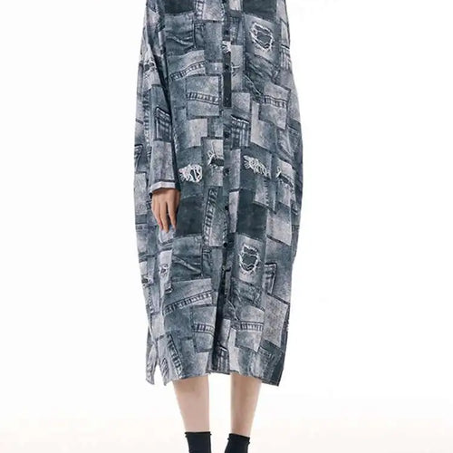 Load image into Gallery viewer, Women Blue Printed Big Size Midi Shirt Dress New Lapel Long Sleeve Loose Fit Fashion Tide Spring Autumn 2025 1DH0515
