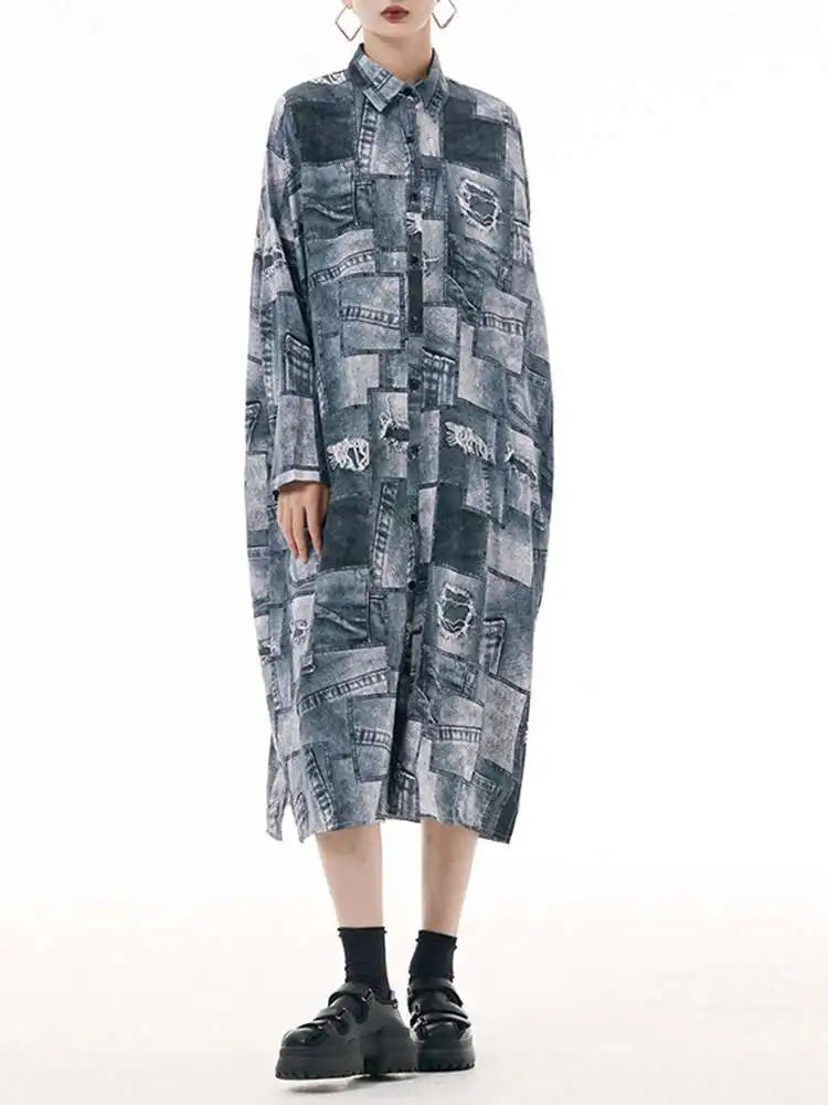 Women Blue Printed Big Size Midi Shirt Dress New Lapel Long Sleeve Loose Fit Fashion Tide Spring Autumn 2025 1DH0515