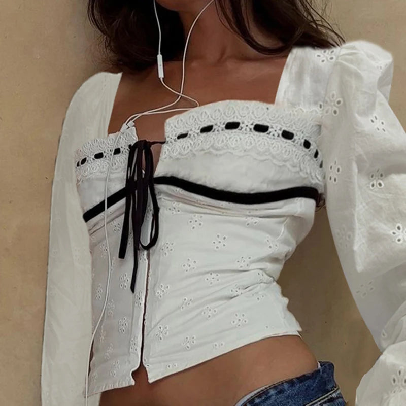 Fashion Chic Jacquard Y2K Female T-shirts Blouse Corset Stitch Tie Up Square Neck Top Tee Pins Sweet Coquette Clothes