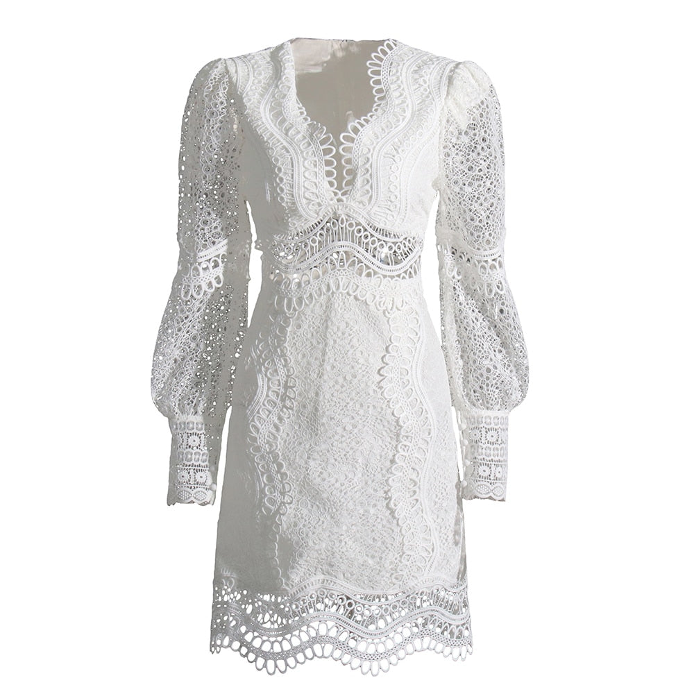 Cut Out Sexy Mini Dress For Women V Neck Long Sleeve High Waist Embroidery Lace Trim Dresses Female Clothing