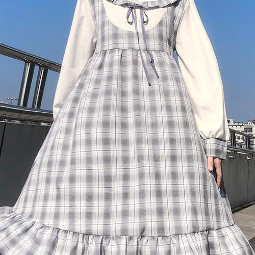 Load image into Gallery viewer, Japanese Sweet Kawaii Lolita Dress Women Preppy Style Ruffles Plaid Cute Dresses School Student Spring Robes Female
