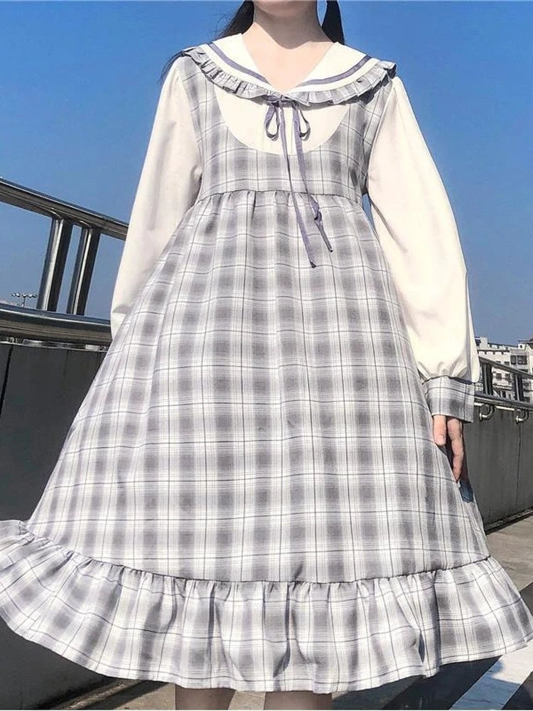 Japanese Sweet Kawaii Lolita Dress Women Preppy Style Ruffles Plaid Cute Dresses School Student Spring Robes Female