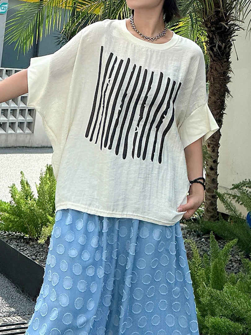 Women Beige Striped Printed Big Size Thin T-shirt New Round Neck Half Batwing Sleeve Fashion Spring Summer 2025 1DJ1570