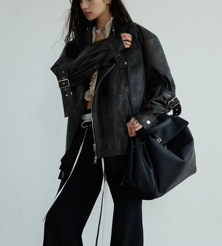 PU Leather Dark Brown Big Size Vintage Jacket New Stand Collar Long Sleeve Women Coat Fashion Spring Autumn 2025 1DH7079