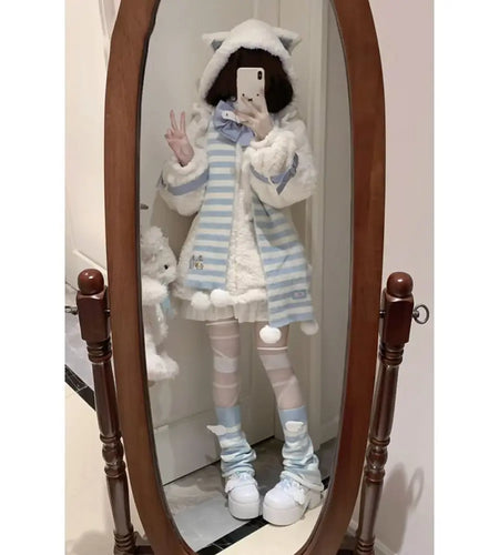 Japanese Women Clothes Furry Cat Ear Hooded Coat 2024 Ropa Mujer Thicked Warm Outwear Y2k Tops Casual Fashion Oversized Jackets