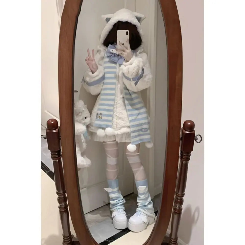 Japanese Women Clothes Furry Cat Ear Hooded Coat 2024 Ropa Mujer Thicked Warm Outwear Y2k Tops Casual Fashion Oversized Jackets