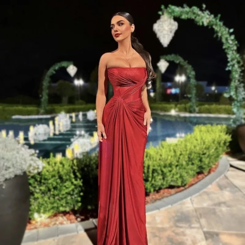 Off-shoulder Strapless Sexy Maxi Dress For Women Fashion Red Sleeveless Backless Thigh High Split Bodycon Club Dress