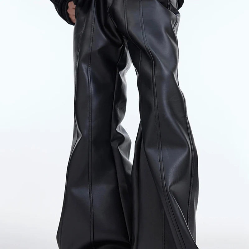 Niche Design Men's PU Leather Trousers Threedimensional Deconstruction Micro Flare Pants Solid Color Streetwear 9C3773