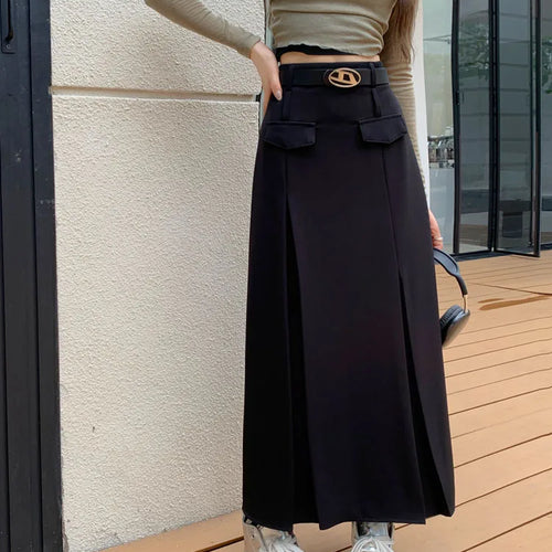 Load image into Gallery viewer, Korean Vintage Brown High Waist Slim Suit Pleated Skirts Women 2023 Spring Autumn Black With Belt A Line Party Long Skirt Casual
