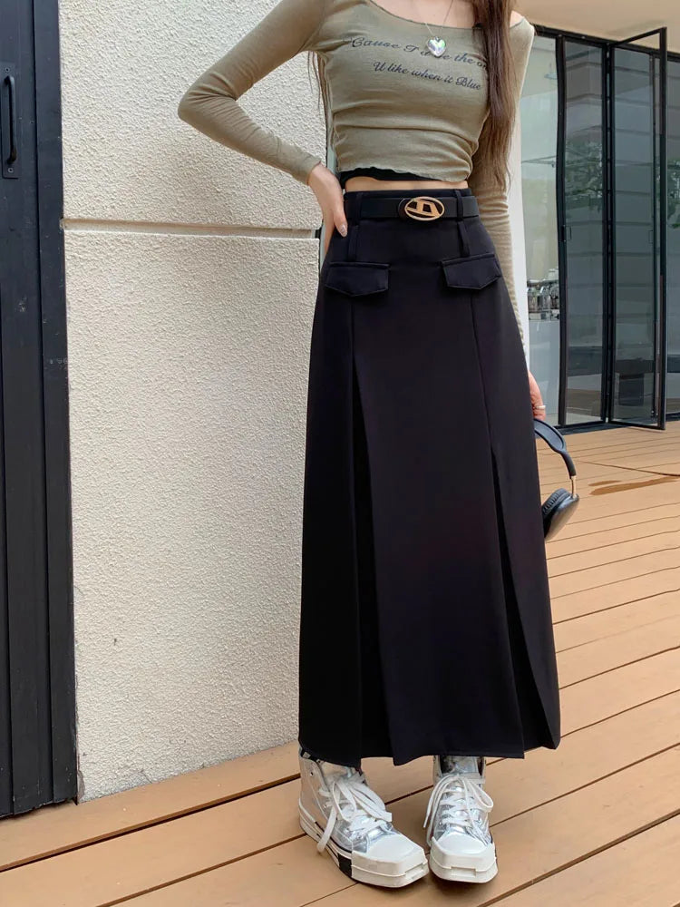 Korean Vintage Brown High Waist Slim Suit Pleated Skirts Women 2023 Spring Autumn Black With Belt A Line Party Long Skirt Casual