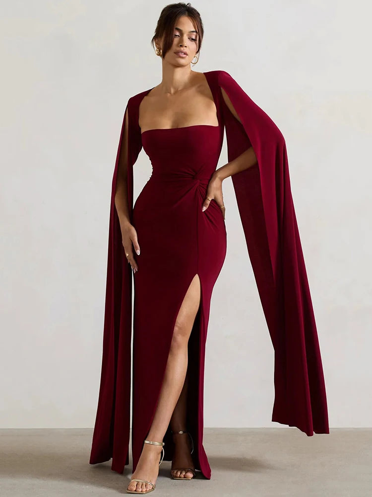Long Cape Sleeve Split Maxi Dress For Women Gown Fashion Solid Square Collar Evening Sexy Long Dress Elegant New