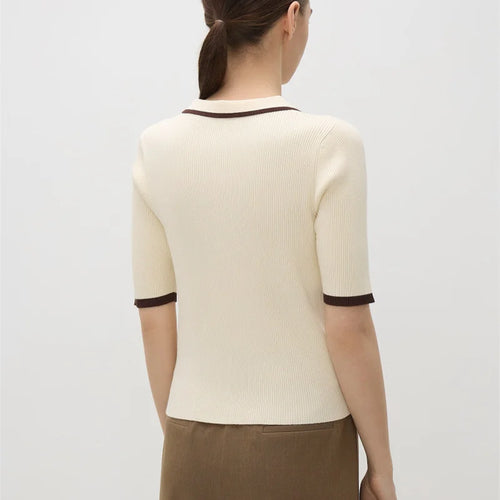 Load image into Gallery viewer, Short Sleeve Knit T-shirt Women Sweater Pullovers Summer Female Patchwork Ribbed Lapel Slim Knitted Tops Sweaters
